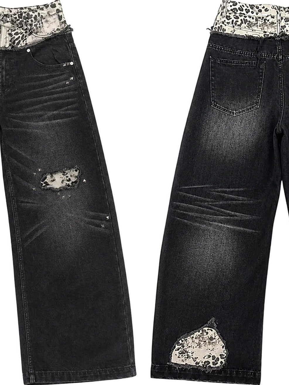 PAIKI Double Waist Leopard Print Rivet Curved Women's Distressed Jeans