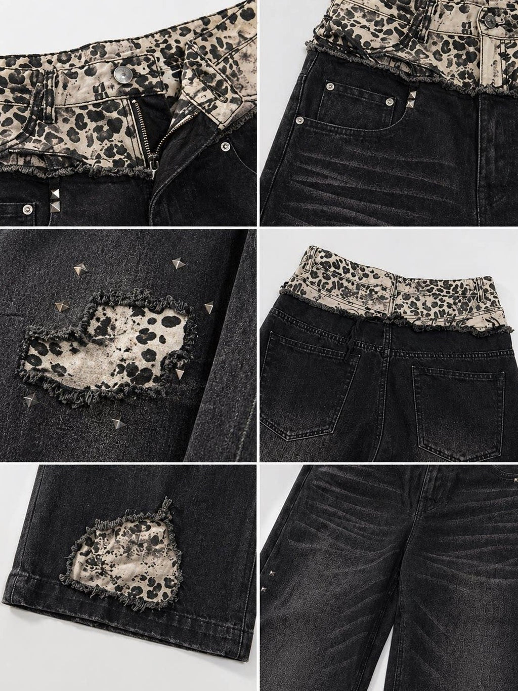 PAIKI Double Waist Leopard Print Rivet Curved Women's Distressed Jeans