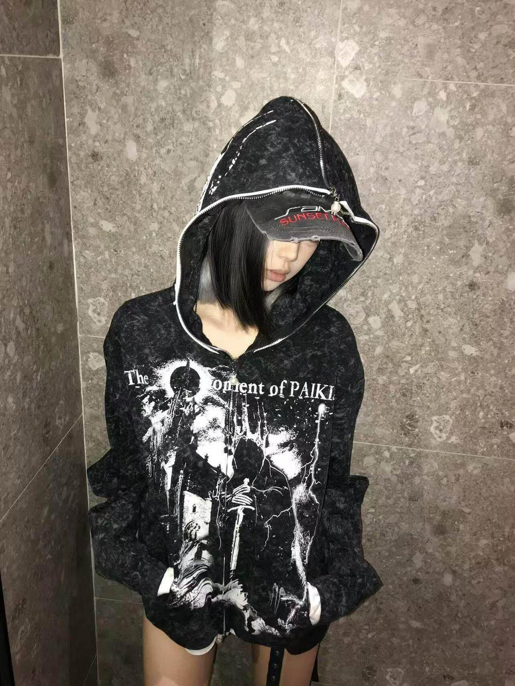 PAIKI Embossed Printed Slim Fit Hooded Zip Front Unisex Youth Side Pockets Hoodies