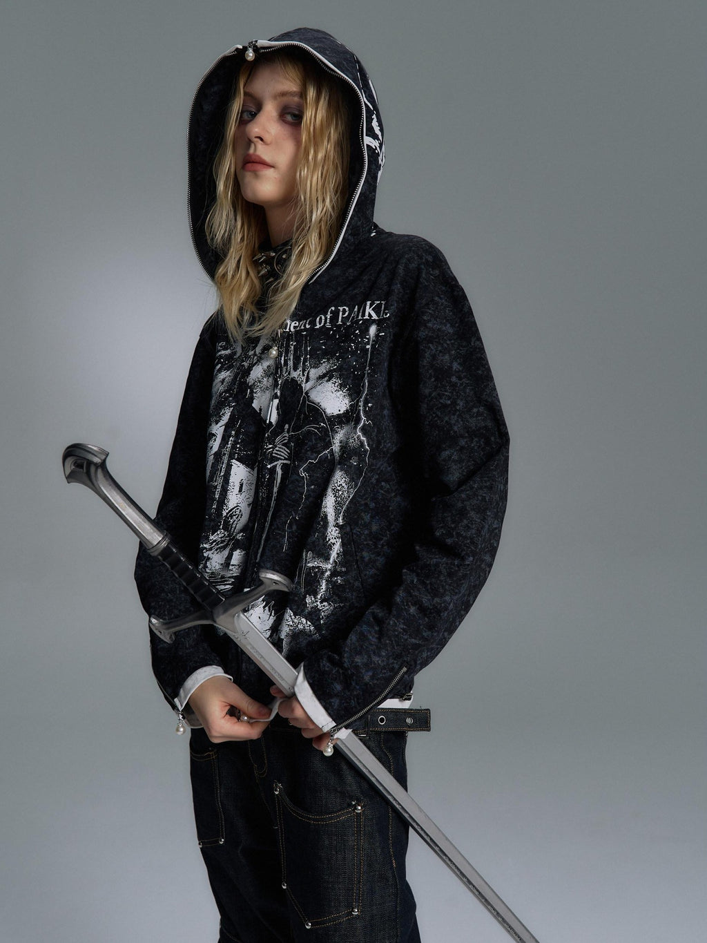 PAIKI Embossed Printed Slim Fit Hooded Zip Front Unisex Youth Side Pockets Hoodies