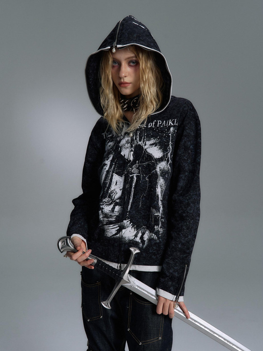 PAIKI Embossed Printed Slim Fit Hooded Zip Front Unisex Youth Side Pockets Hoodies