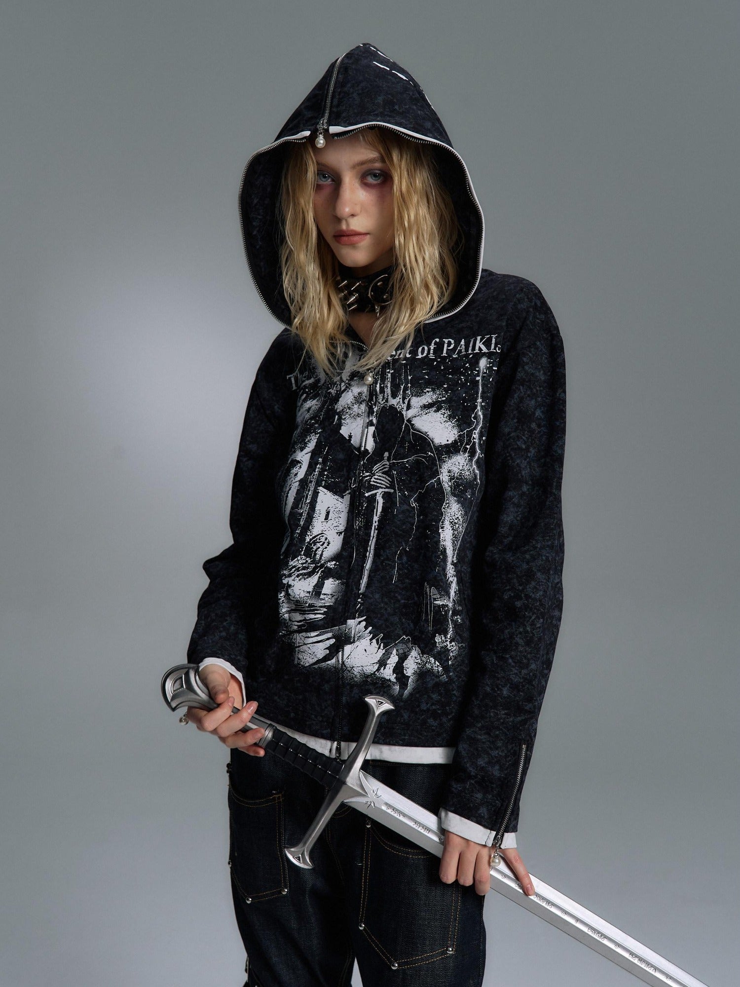 PAIKI Embossed Printed Slim Fit Hooded Zip Front Unisex Youth Side Pockets Hoodies