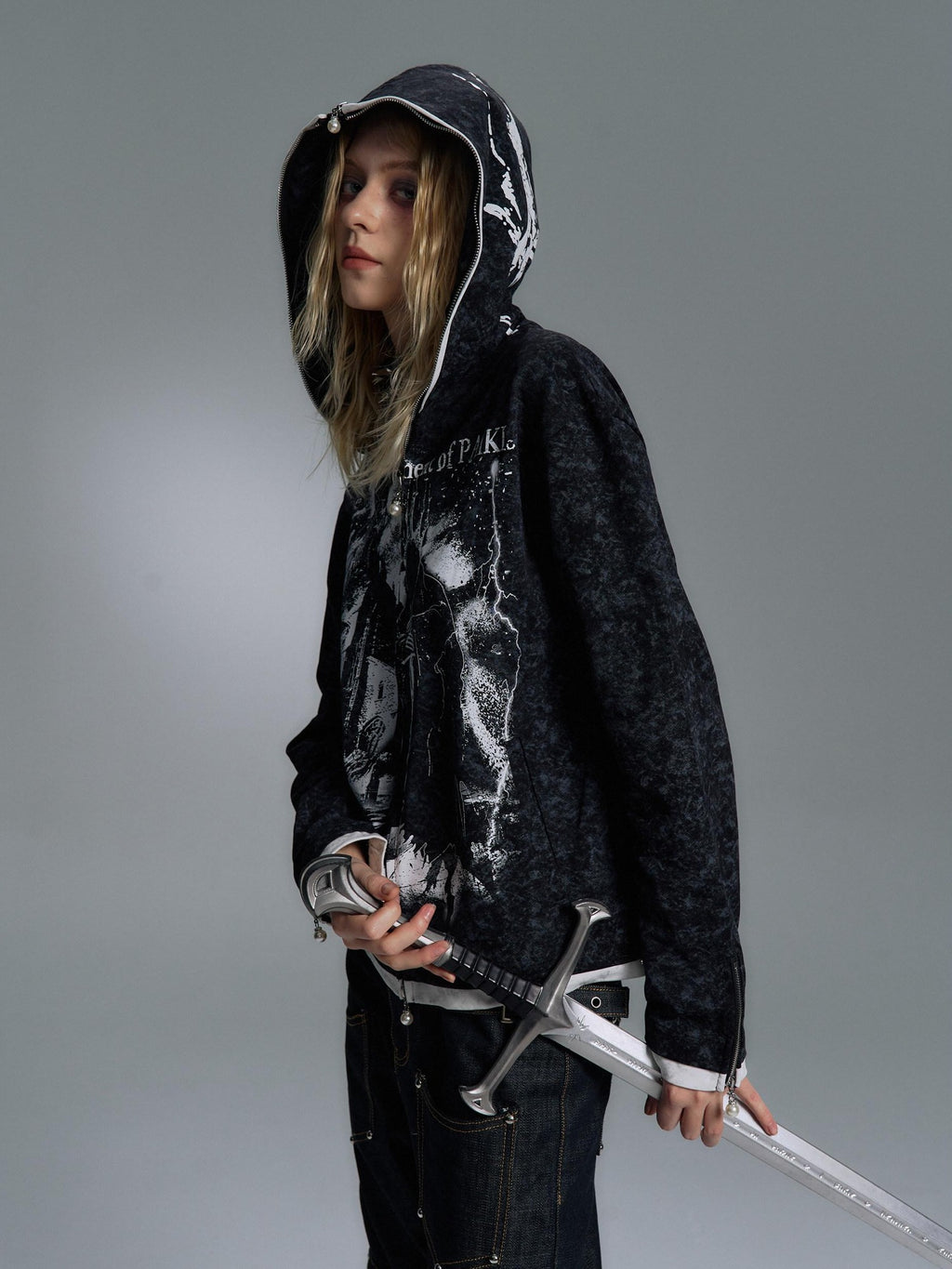 PAIKI Embossed Printed Slim Fit Hooded Zip Front Unisex Youth Side Pockets Hoodies