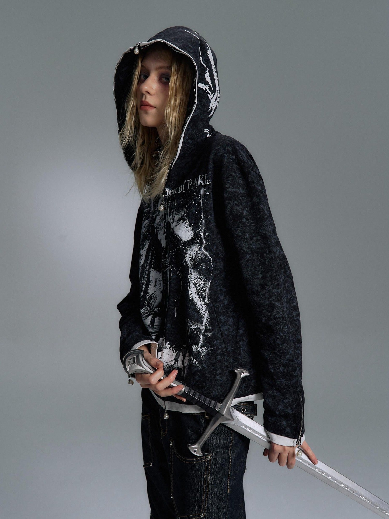 PAIKI Embossed Printed Slim Fit Hooded Zip Front Unisex Youth Side Pockets Hoodies