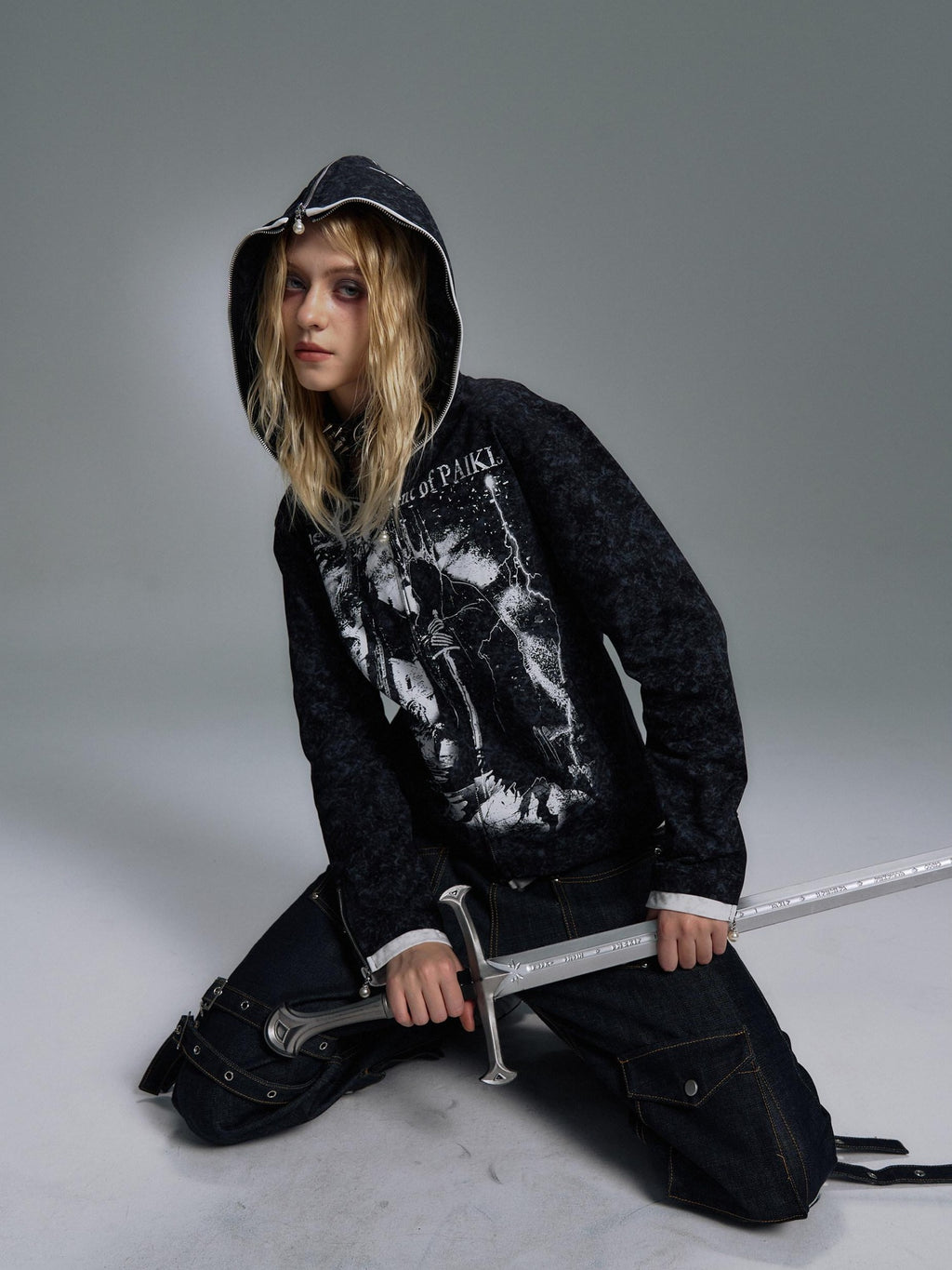PAIKI Embossed Printed Slim Fit Hooded Zip Front Unisex Youth Side Pockets Hoodies