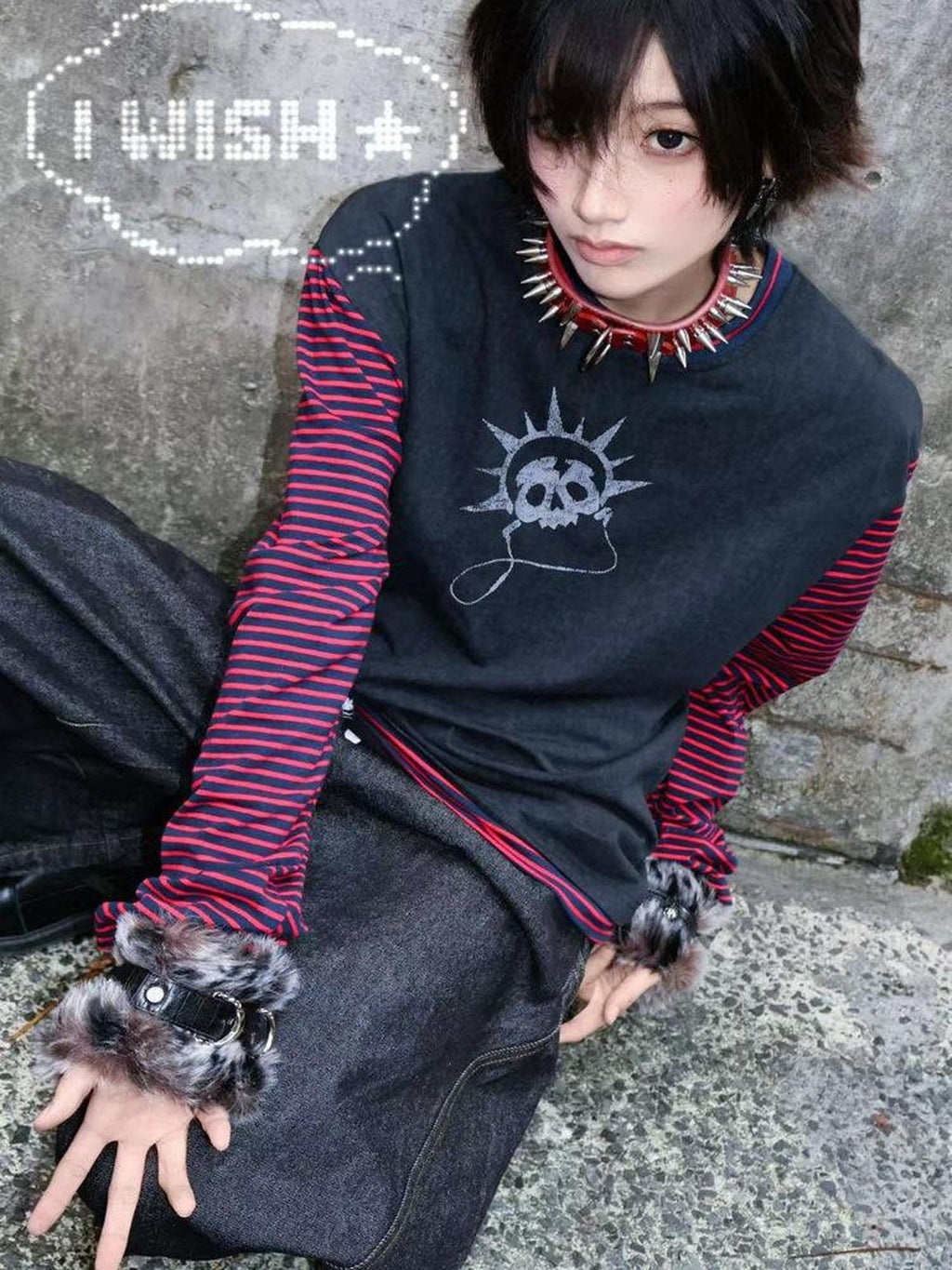 PAIKI Embossed Terry Loose Unisex Youth Purple Skull Polyester Long Sleeve T-Shirts