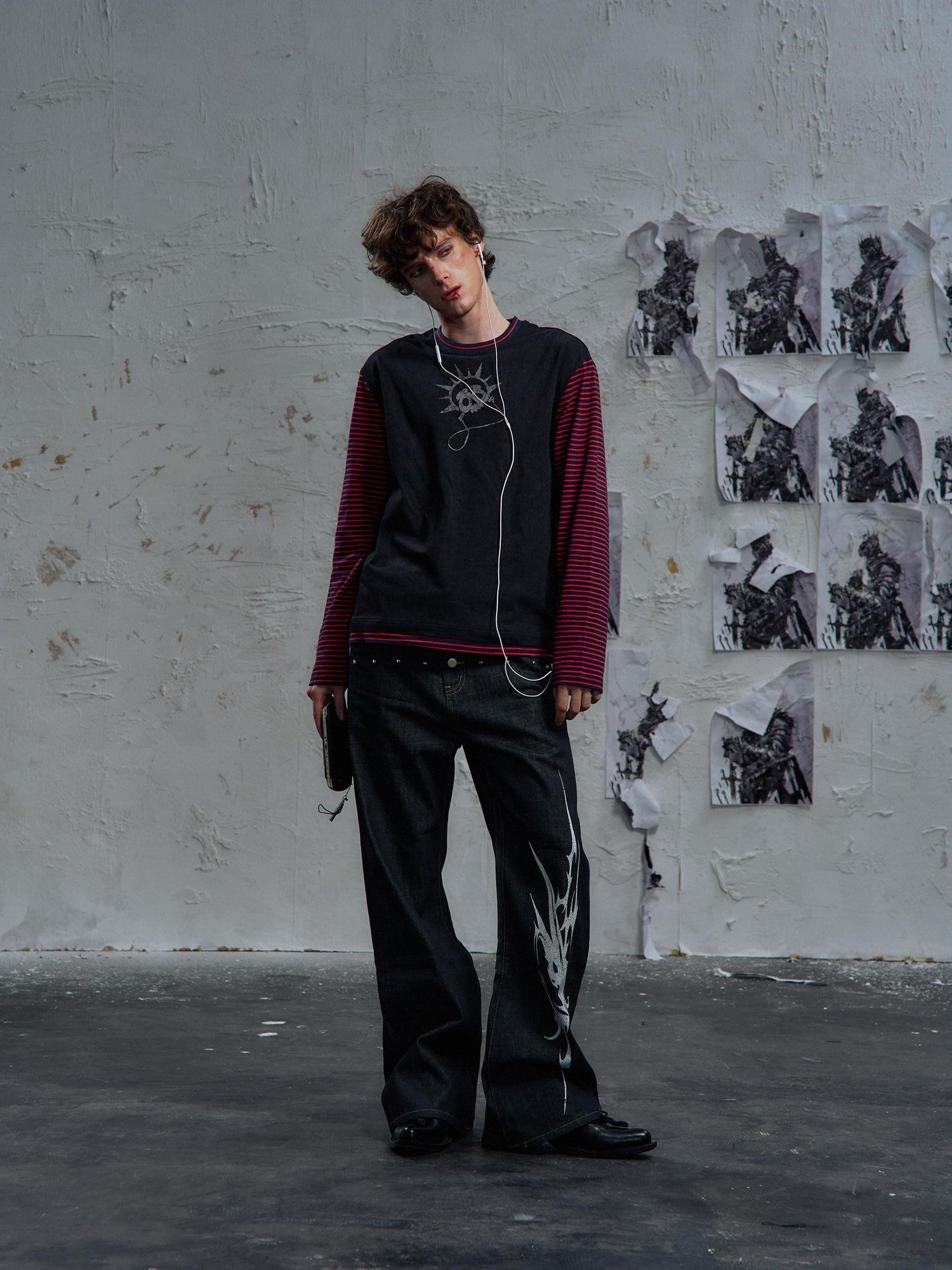 PAIKI Embossed Terry Loose Unisex Youth Purple Skull Polyester Long Sleeve T-Shirts