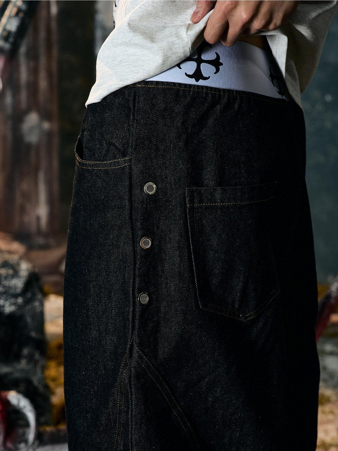 PAIKI Embroidered Distressed Midrise Drawstring Loose Black Velvet Denim Wide-Leg Jeans
