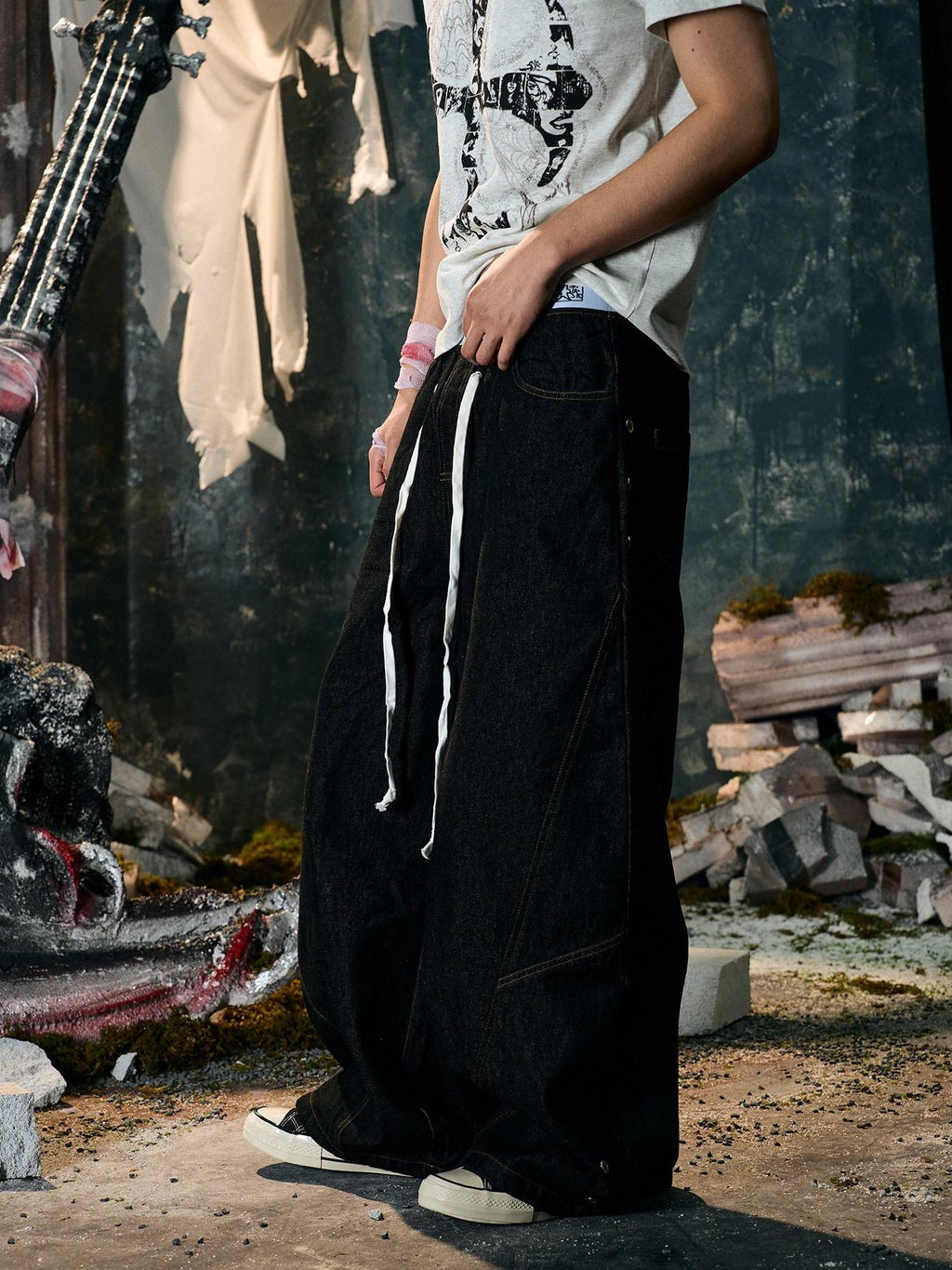 PAIKI Embroidered Distressed Midrise Drawstring Loose Black Velvet Denim Wide-Leg Jeans