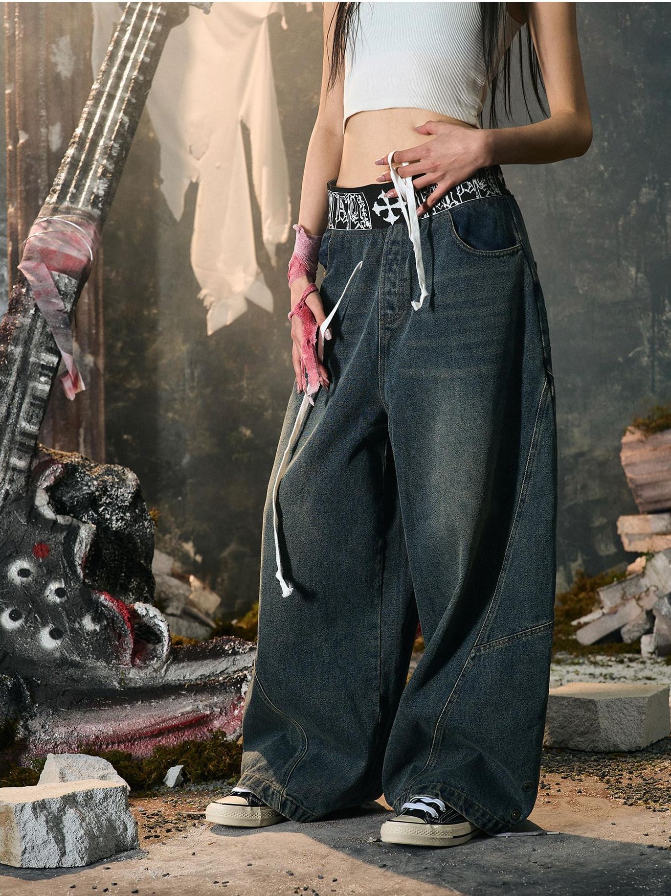 PAIKI Embroidered Distressed Midrise Drawstring Loose Black Velvet Denim Wide-Leg Jeans