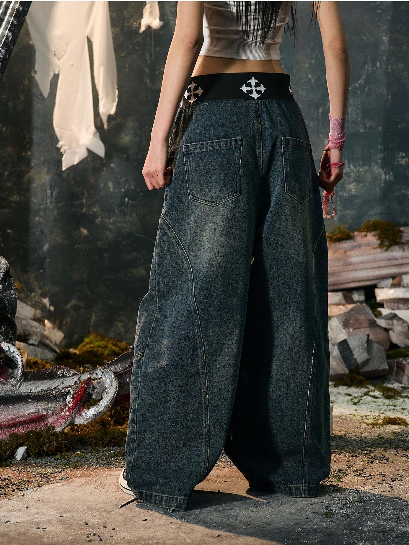 PAIKI Embroidered Distressed Midrise Drawstring Loose Black Velvet Denim Wide-Leg Jeans