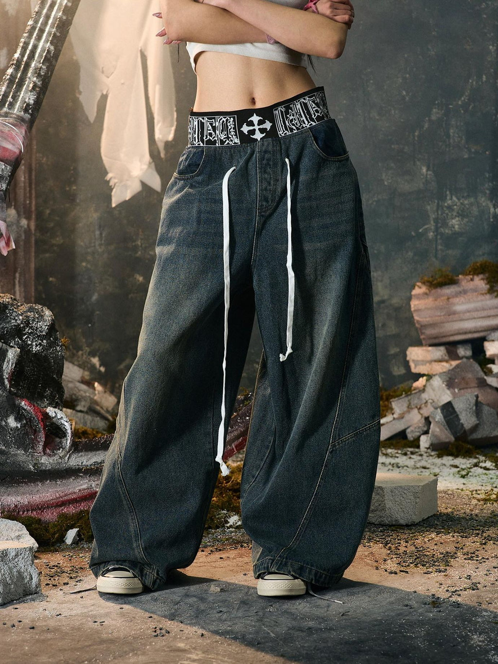 PAIKI Embroidered Distressed Midrise Drawstring Loose Black Velvet Denim Wide-Leg Jeans