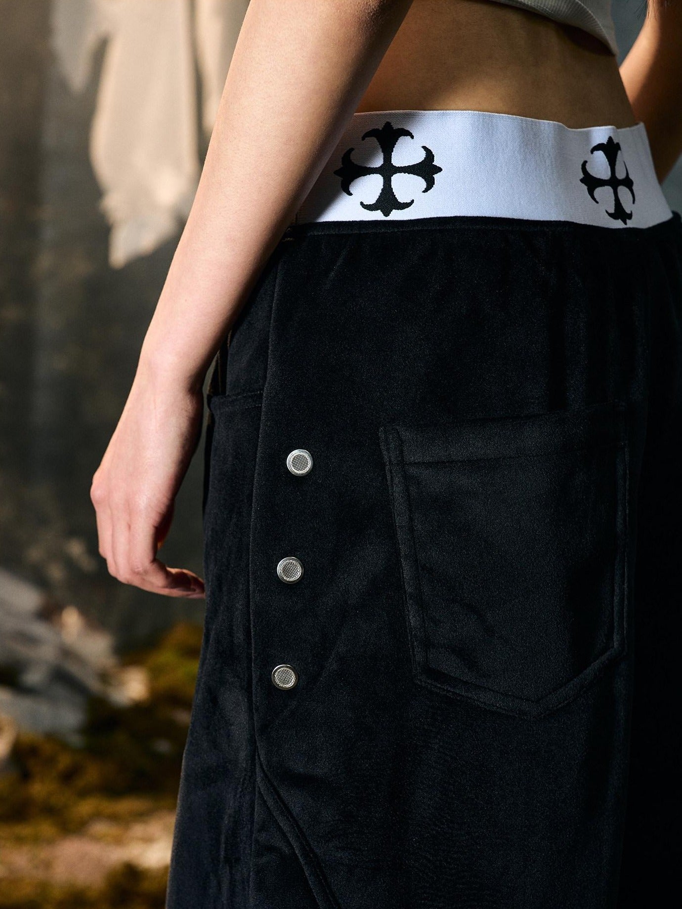 PAIKI Embroidered Distressed Midrise Drawstring Loose Black Velvet Denim Wide-Leg Jeans