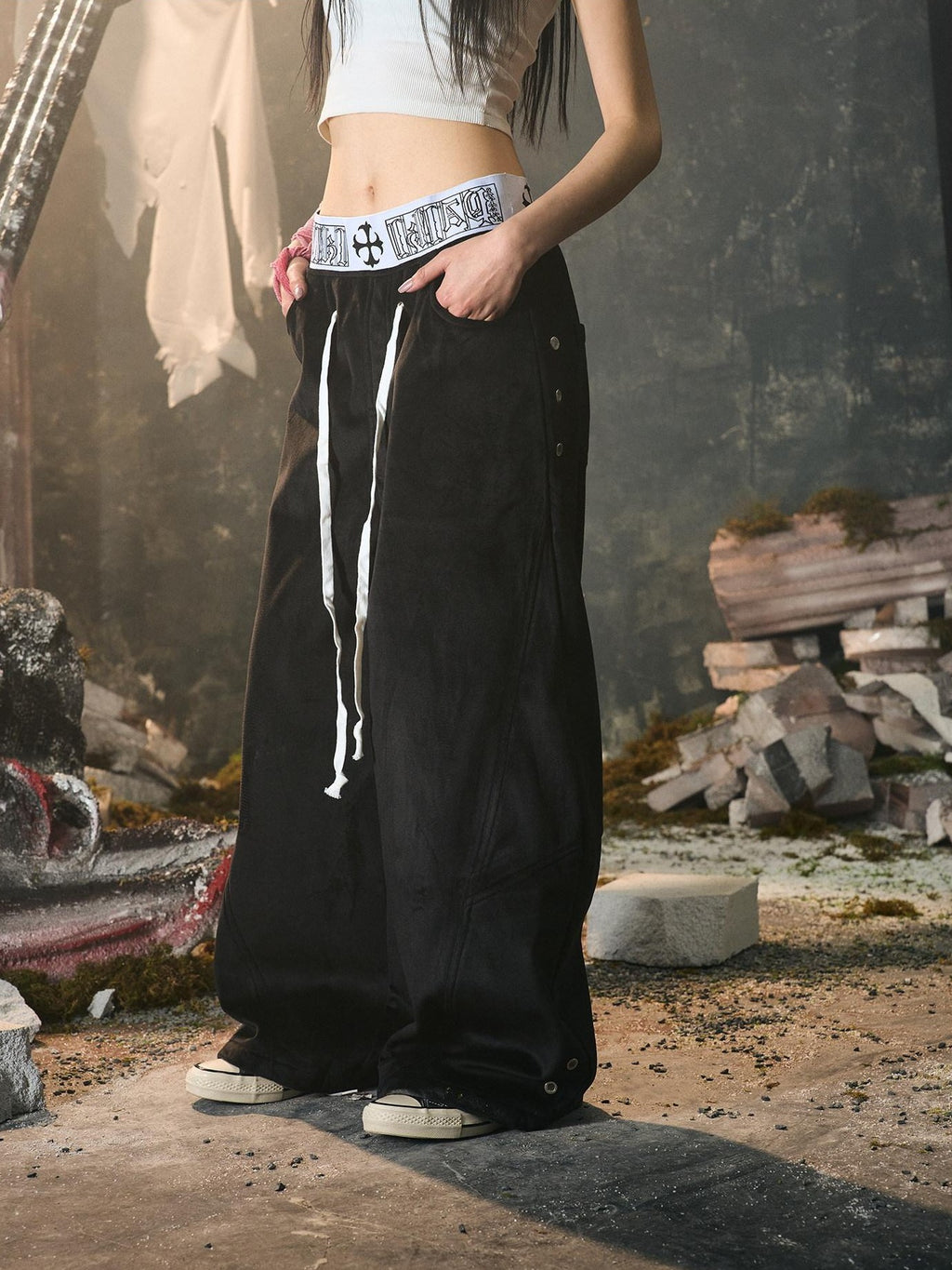 PAIKI Embroidered Distressed Midrise Drawstring Loose Black Velvet Denim Wide-Leg Jeans