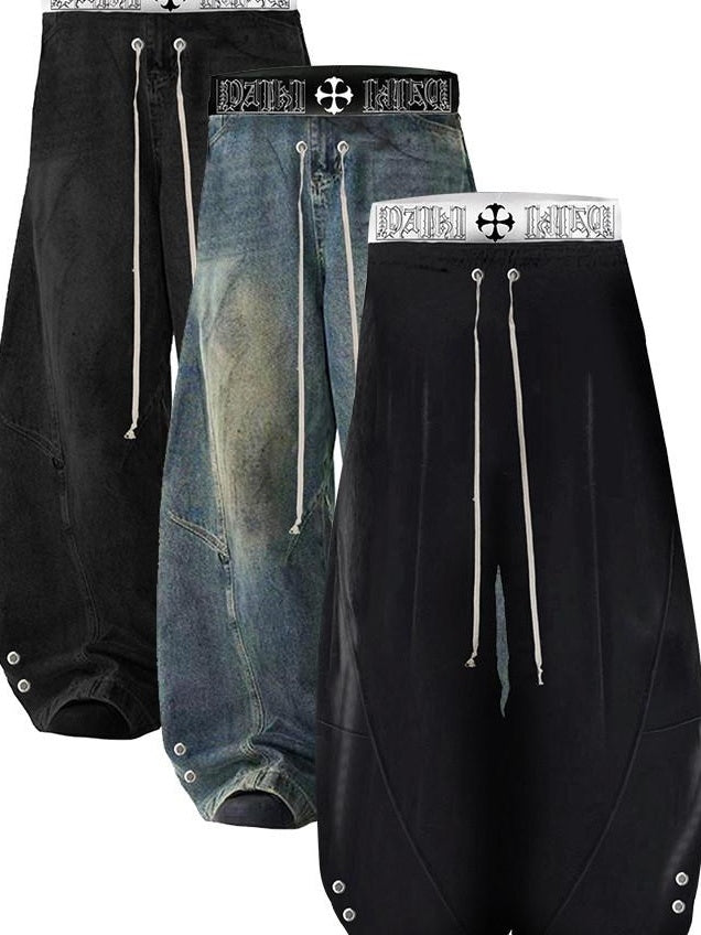 PAIKI Embroidered Distressed Midrise Drawstring Loose Black Velvet Denim Wide-Leg Jeans