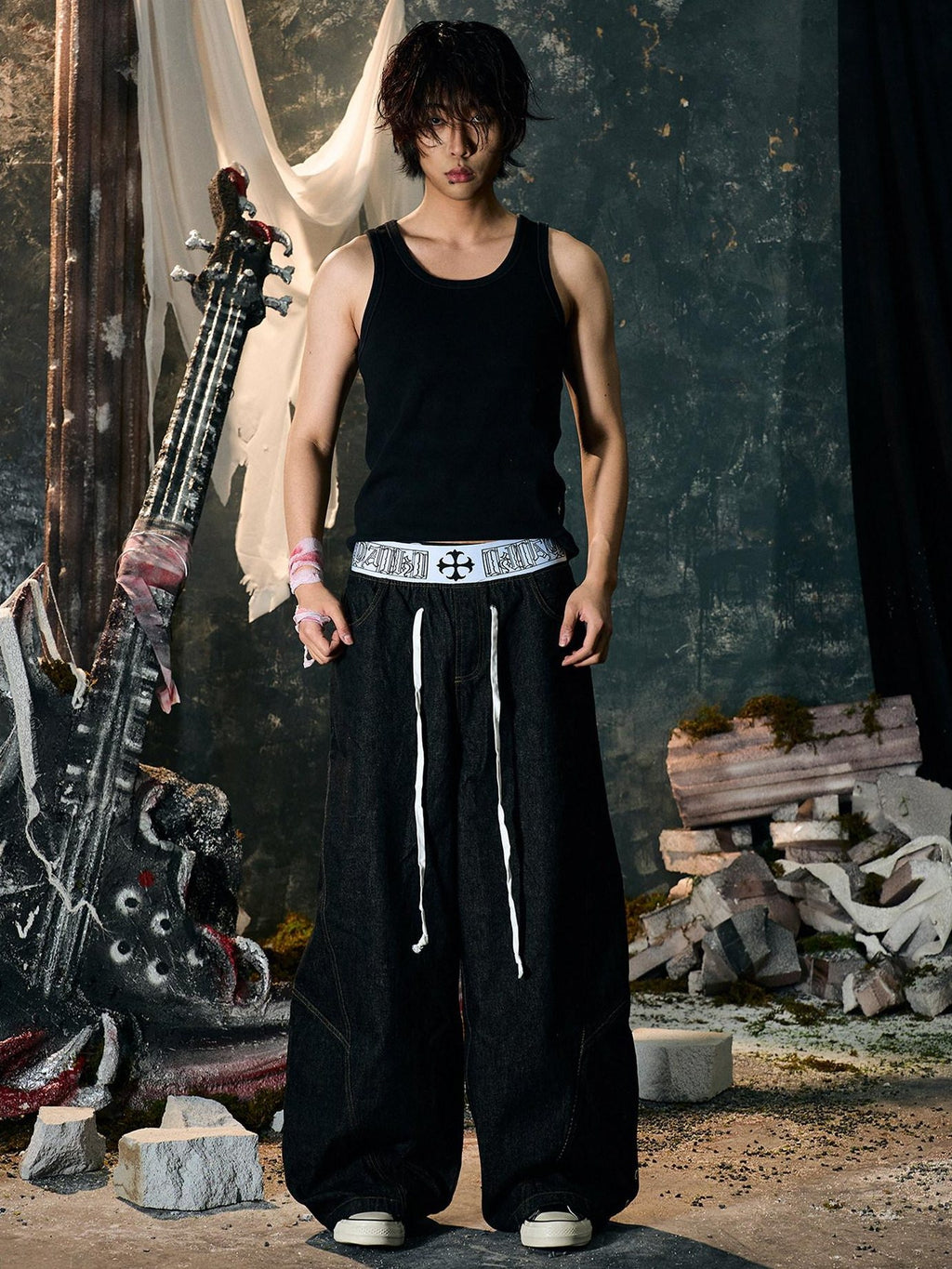 PAIKI Embroidered Distressed Midrise Drawstring Loose Black Velvet Denim Wide-Leg Jeans