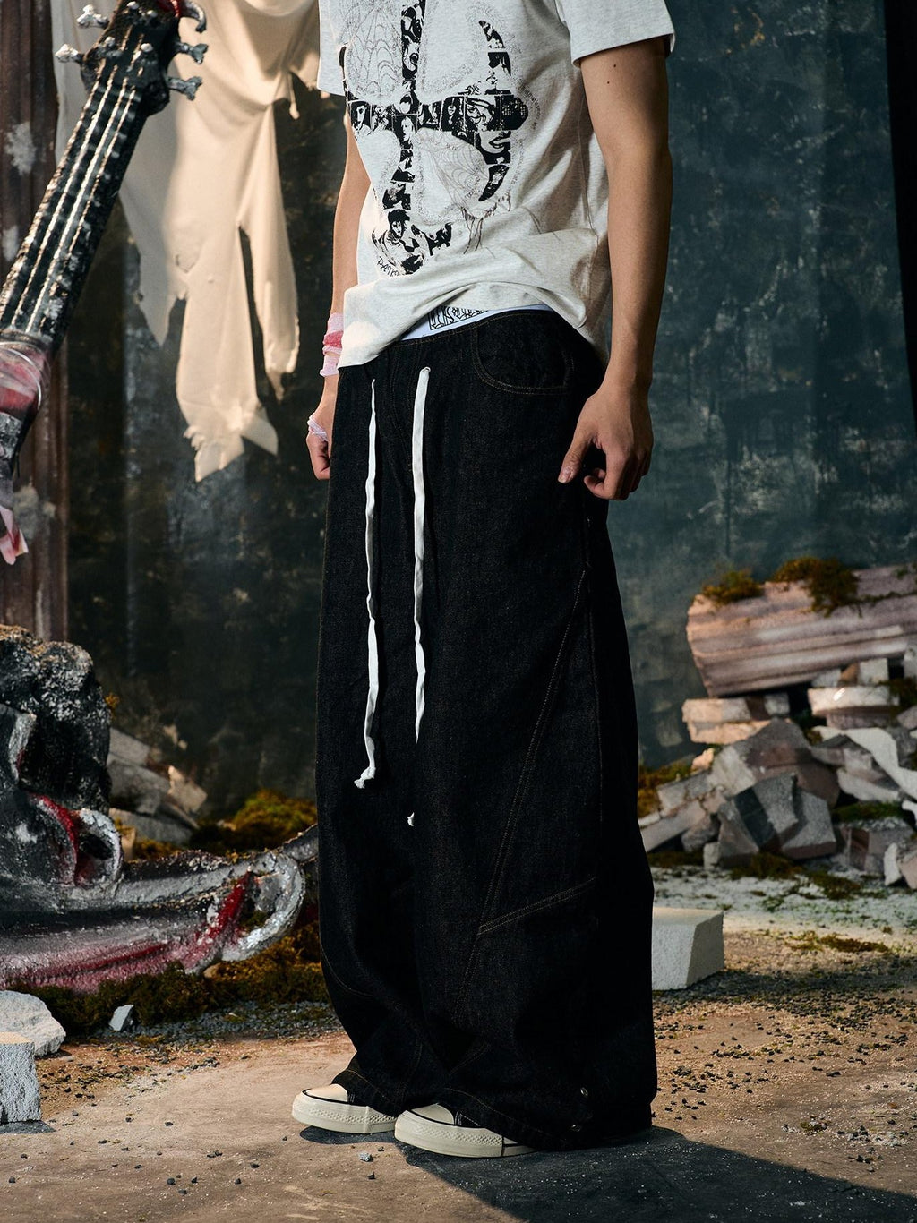 PAIKI Embroidered Distressed Midrise Drawstring Loose Black Velvet Denim Wide-Leg Jeans