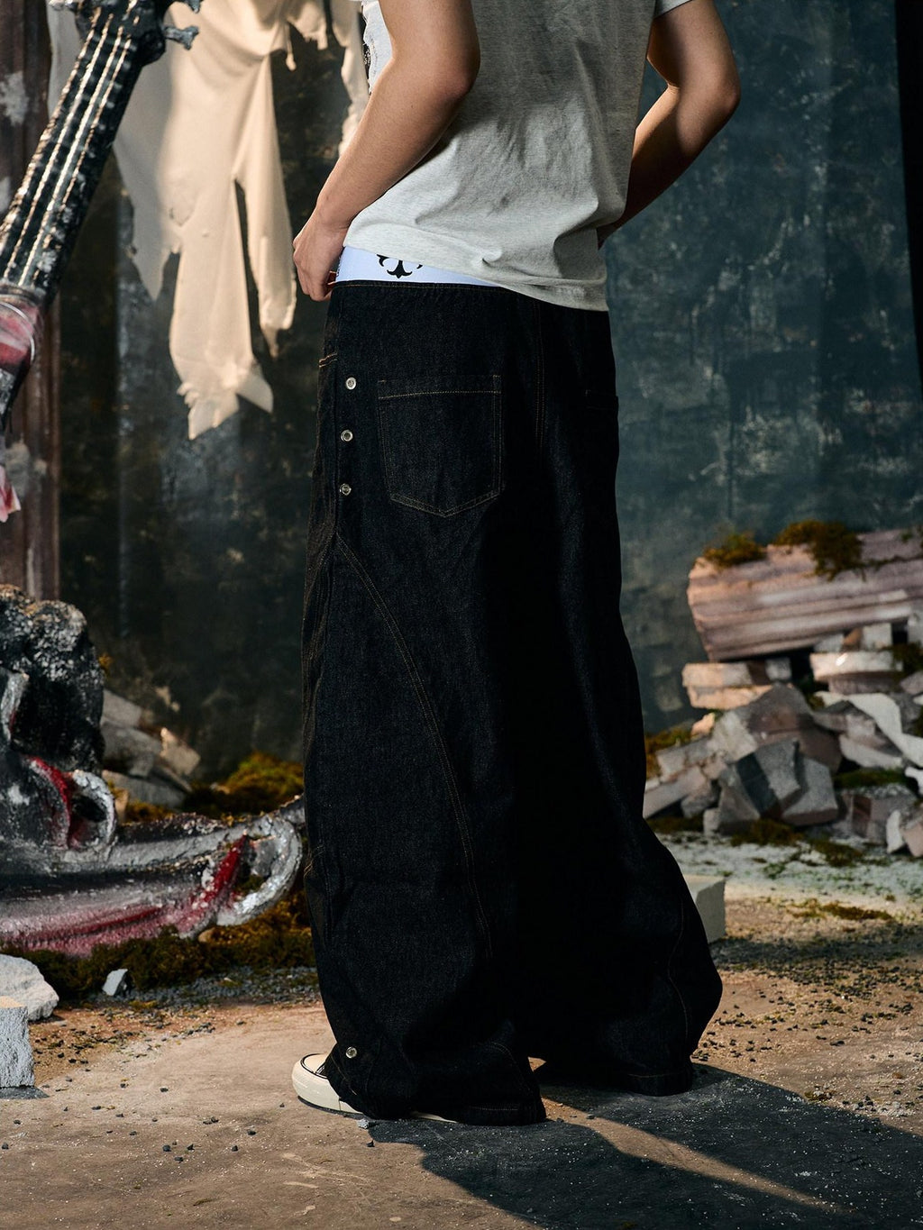 PAIKI Embroidered Distressed Midrise Drawstring Loose Black Velvet Denim Wide-Leg Jeans