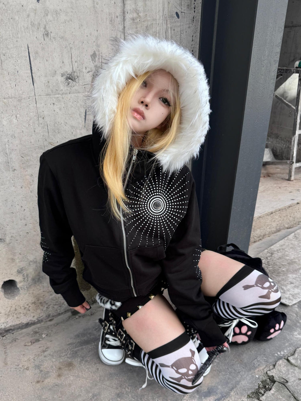 PAIKI Embroidered Geometric Print Slim Zip Hooded Cardigan Women Casual Black Hoodies