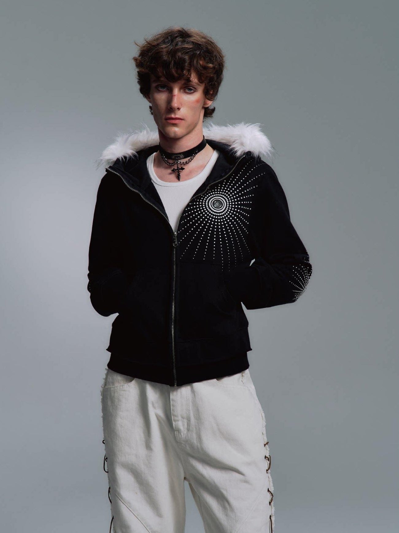 PAIKI Embroidered Geometric Print Slim Zip Hooded Cardigan Women Casual Black Hoodies