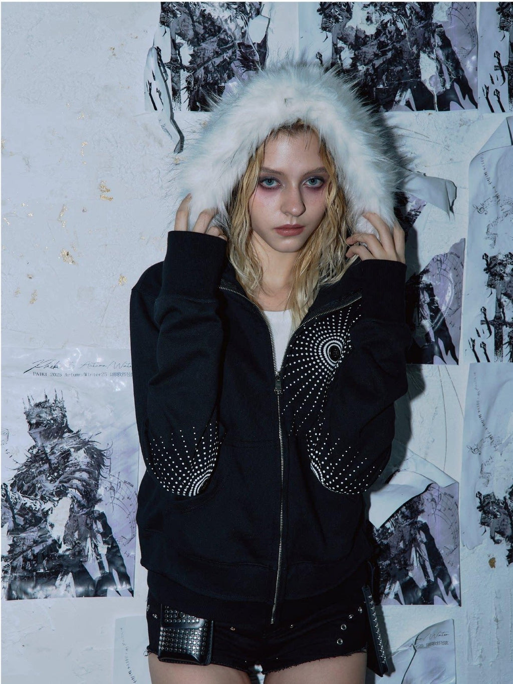 PAIKI Embroidered Geometric Print Slim Zip Hooded Cardigan Women Casual Black Hoodies