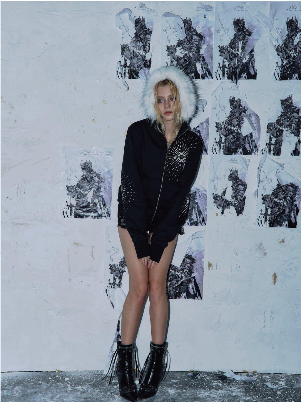 PAIKI Embroidered Geometric Print Slim Zip Hooded Cardigan Women Casual Black Hoodies