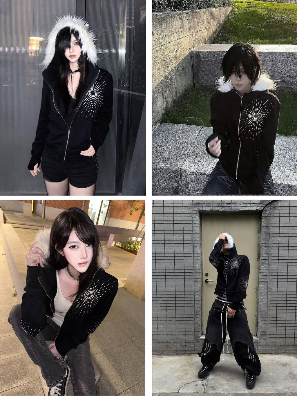 PAIKI Embroidered Geometric Print Slim Zip Hooded Cardigan Women Casual Black Hoodies