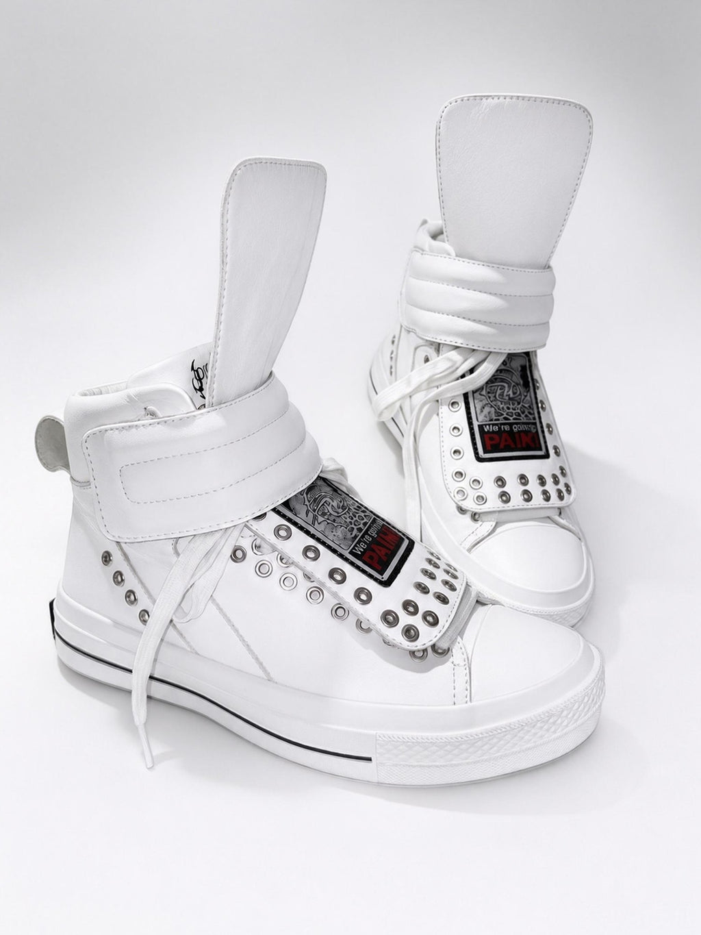 PAIKI Embroidered Patchwork Rivet Color Block Women's Leather High-top Sneakers