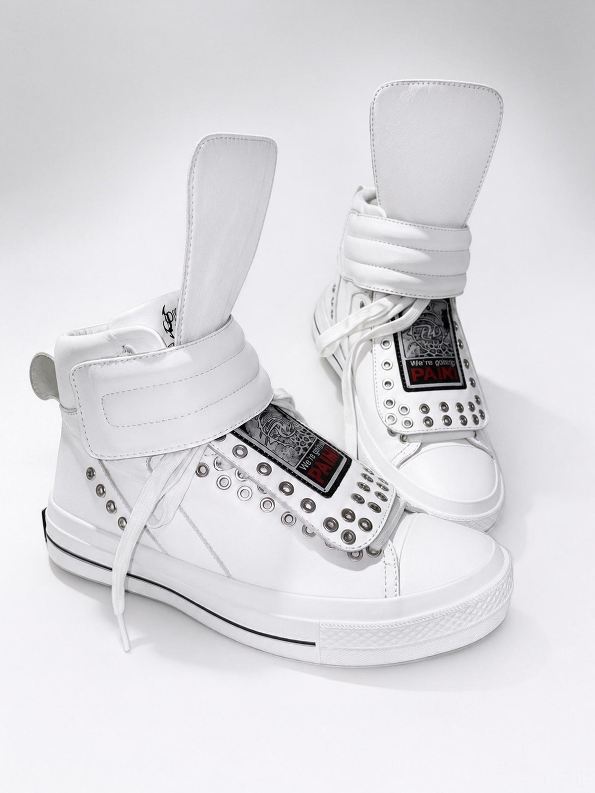 PAIKI Embroidered Patchwork Rivet Color Block Women's Leather High-top Sneakers