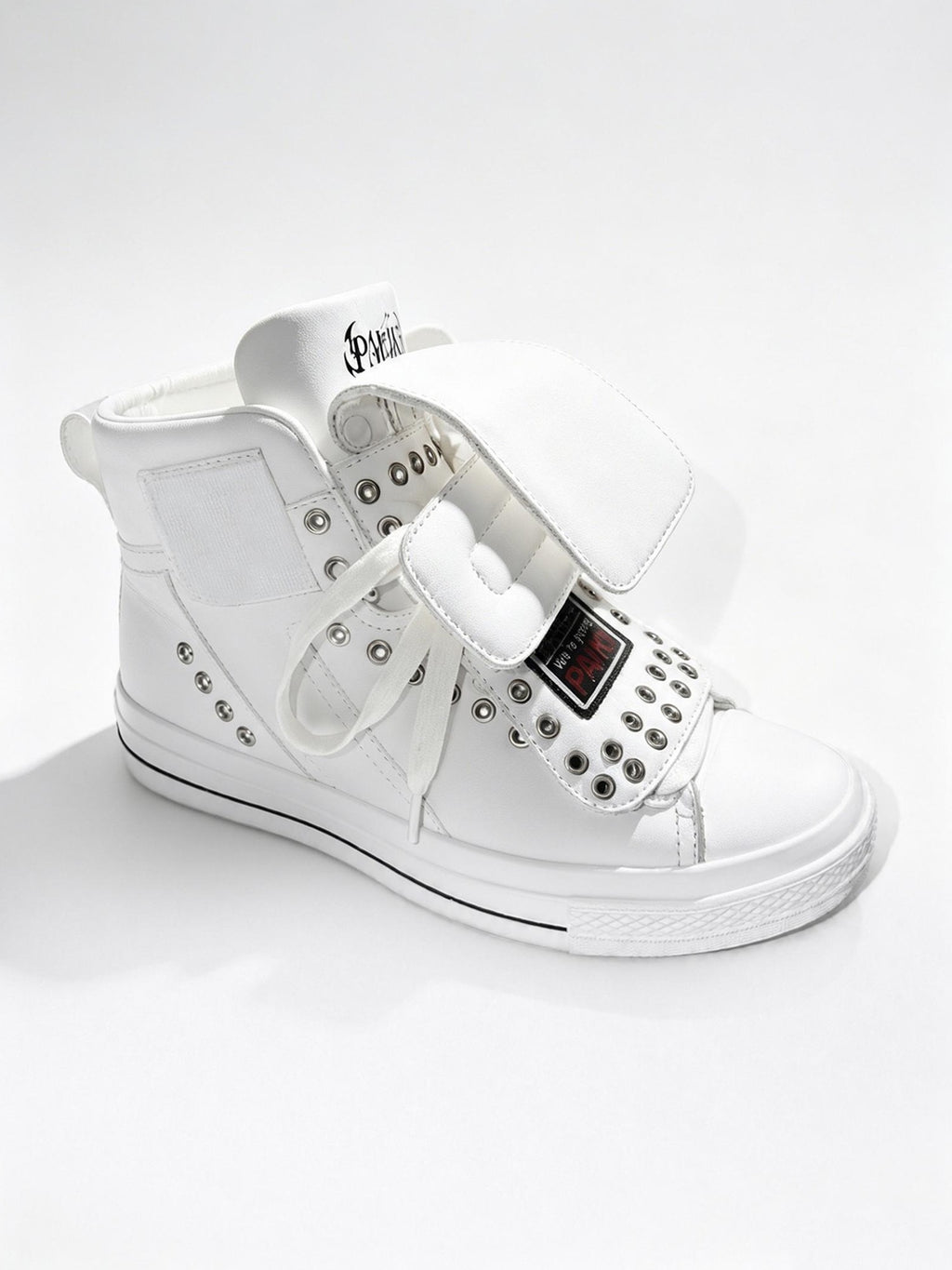 PAIKI Embroidered Patchwork Rivet Color Block Women's Leather High-top Sneakers