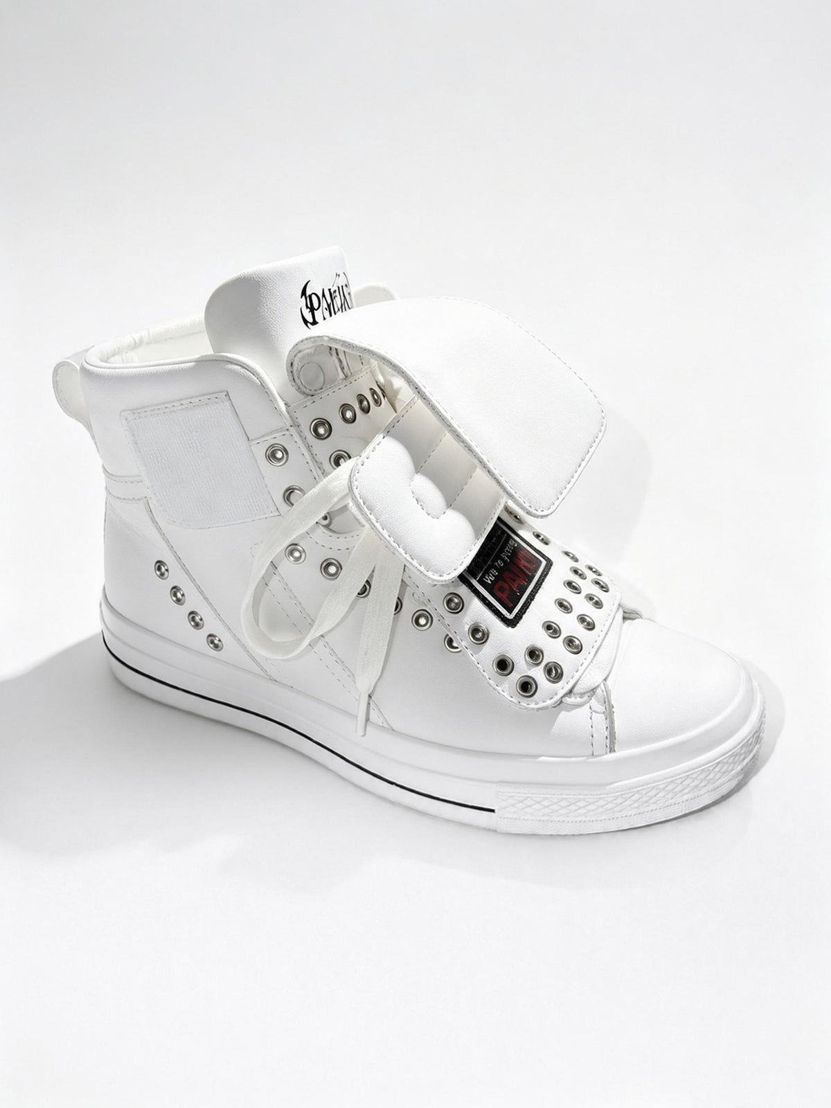 PAIKI Embroidered Patchwork Rivet Color Block Women's Leather High-top Sneakers