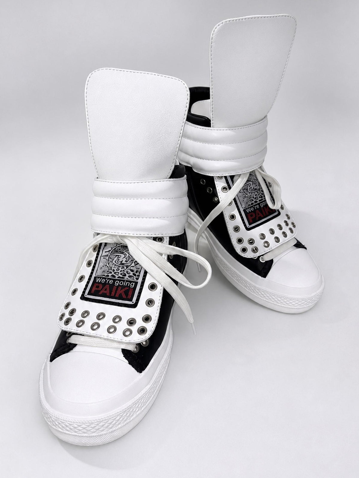 PAIKI Embroidered Patchwork Rivet Color Block Women's Leather High-top Sneakers