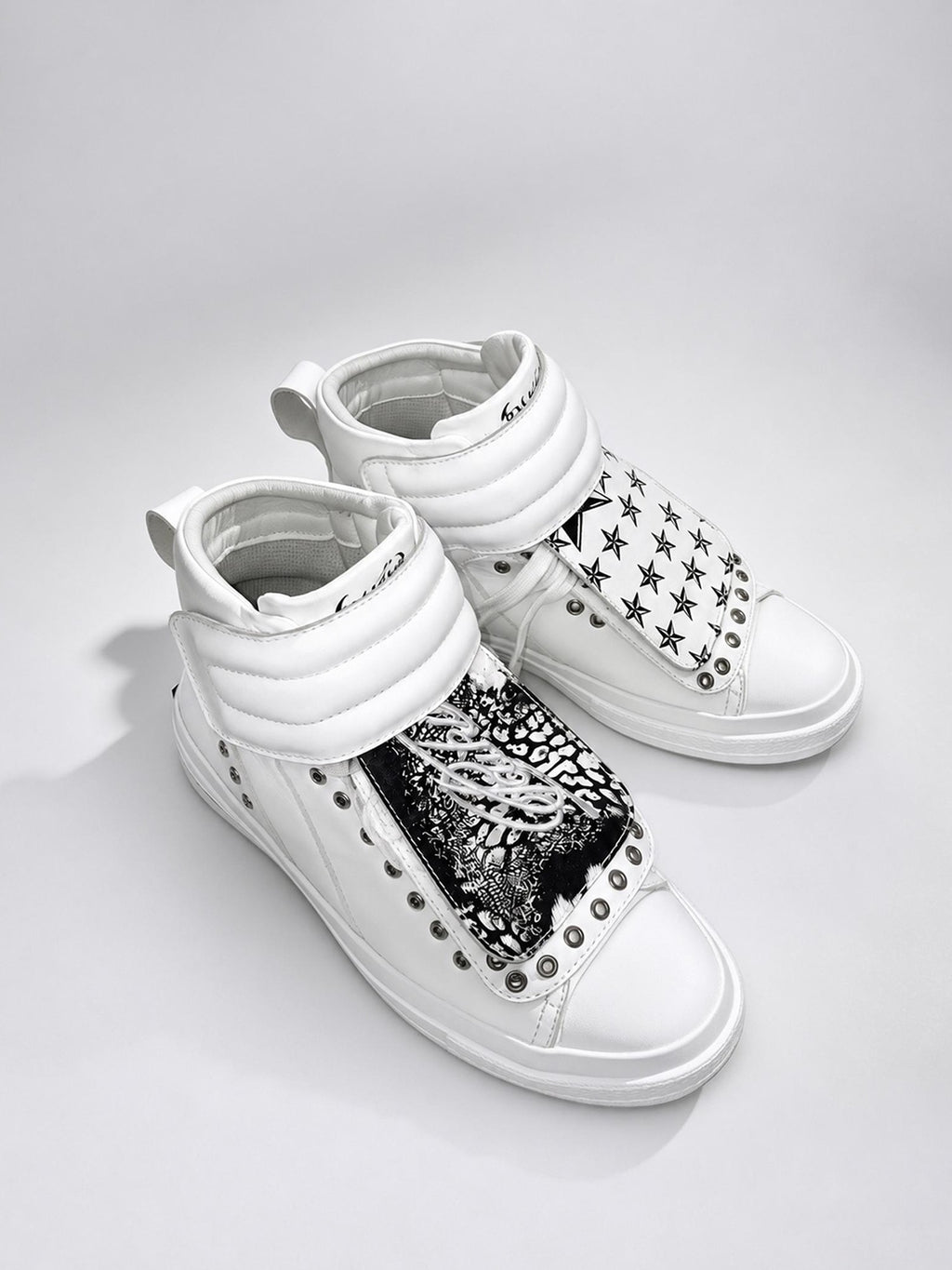 PAIKI Embroidered Patchwork Rivet Color Block Women's Leather High-top Sneakers