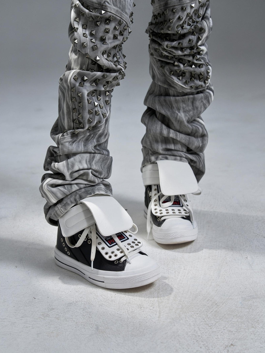 PAIKI Embroidered Patchwork Rivet Color Block Women's Leather High-top Sneakers