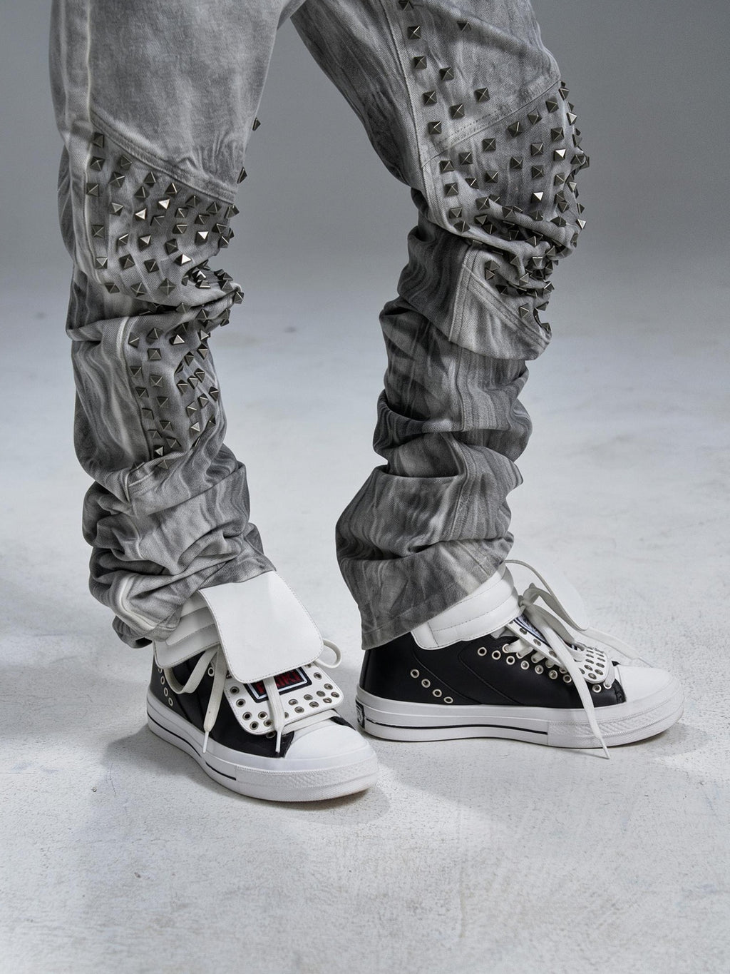 PAIKI Embroidered Patchwork Rivet Color Block Women's Leather High-top Sneakers