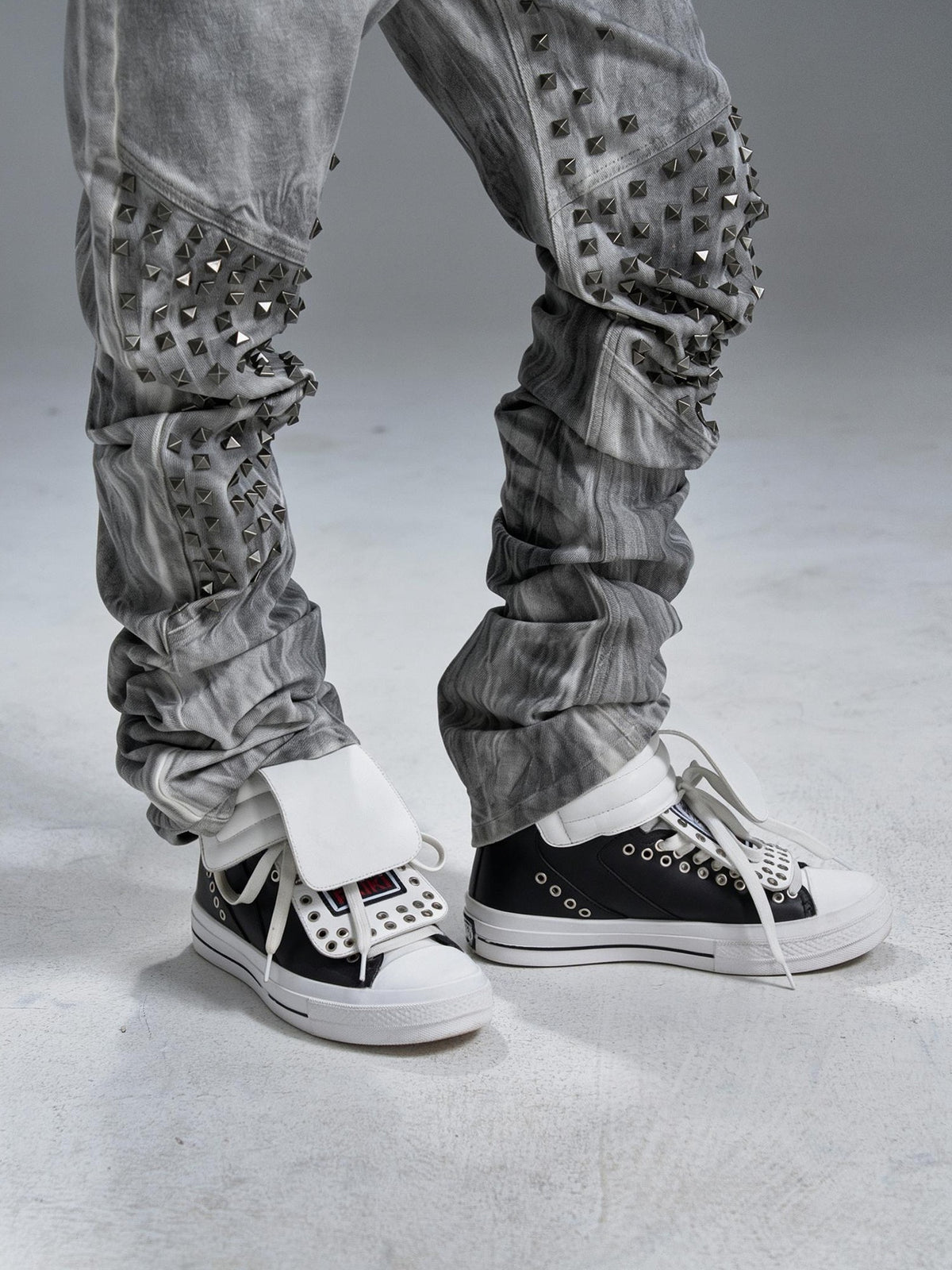 PAIKI Embroidered Patchwork Rivet Color Block Women's Leather High-top Sneakers