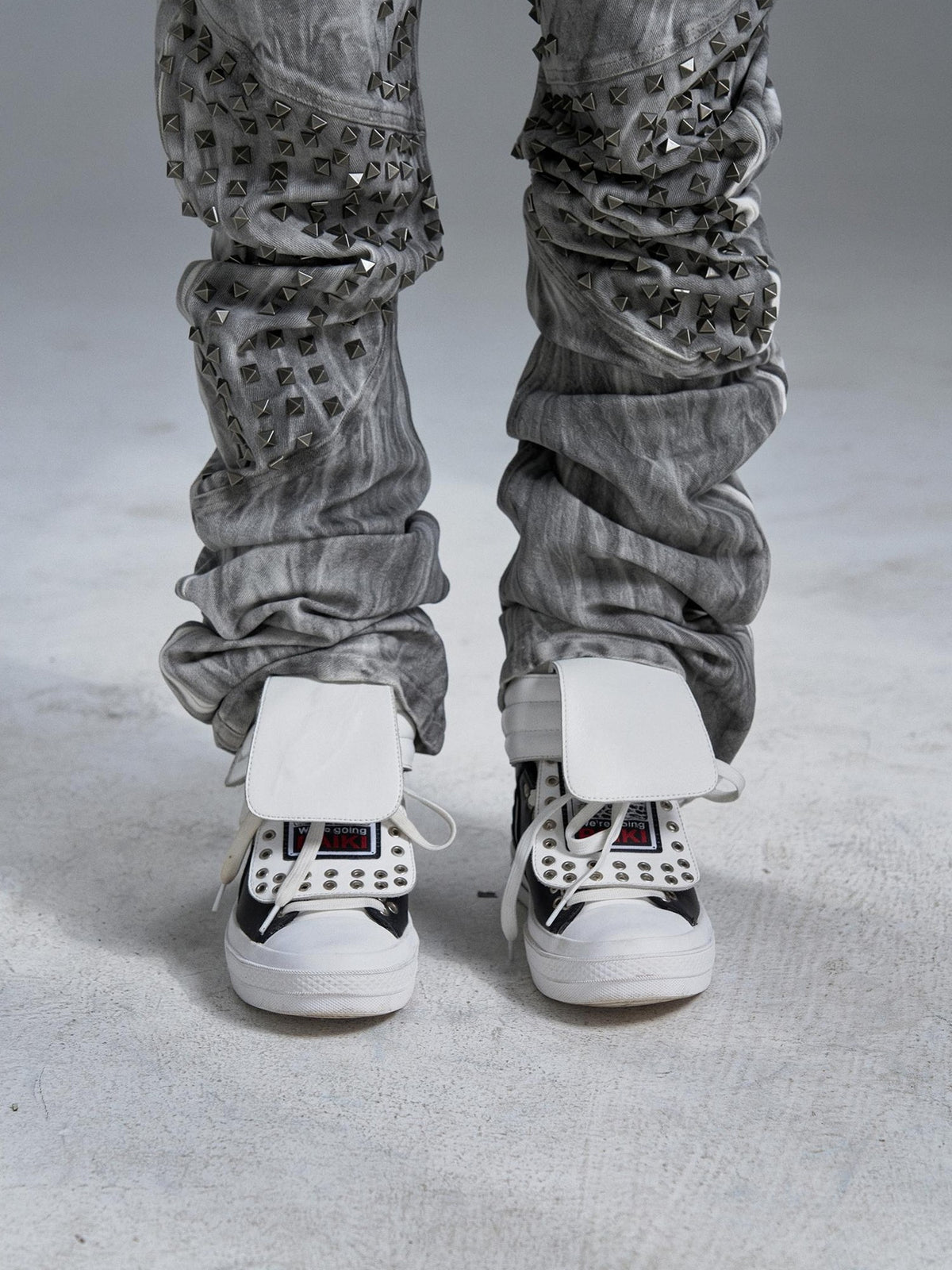 PAIKI Embroidered Patchwork Rivet Color Block Women's Leather High-top Sneakers
