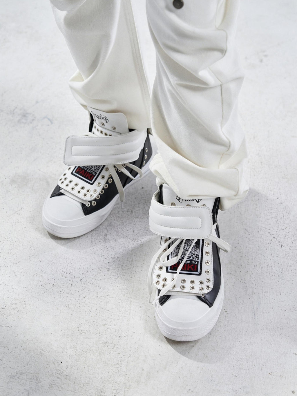 PAIKI Embroidered Patchwork Rivet Color Block Women's Leather High-top Sneakers