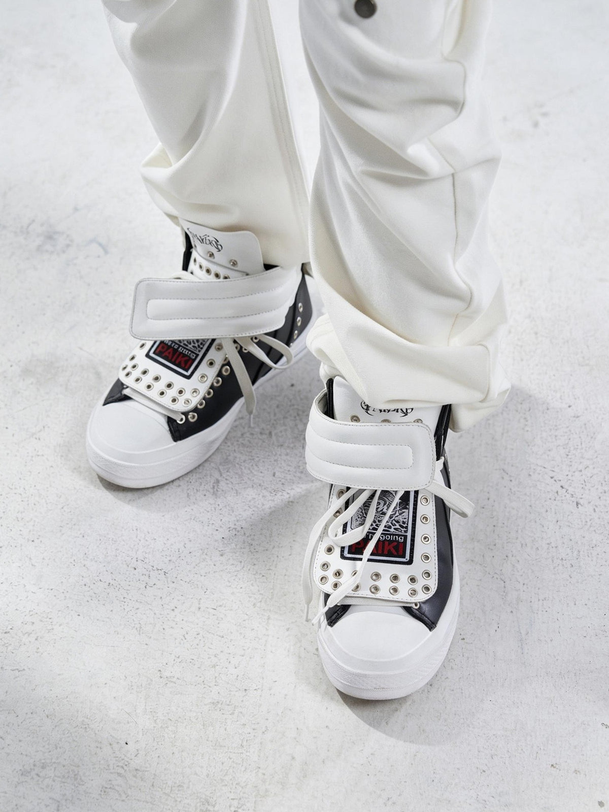 PAIKI Embroidered Patchwork Rivet Color Block Women's Leather High-top Sneakers
