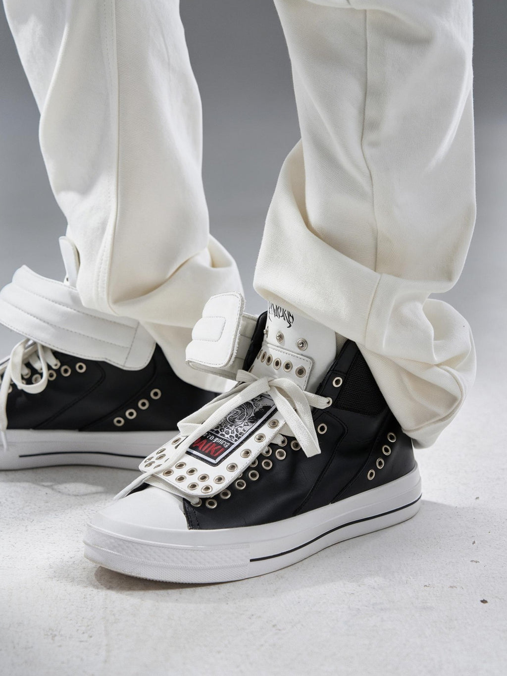 PAIKI Embroidered Patchwork Rivet Color Block Women's Leather High-top Sneakers