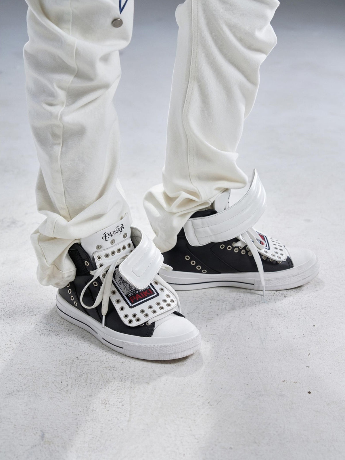 PAIKI Embroidered Patchwork Rivet Color Block Women's Leather High-top Sneakers