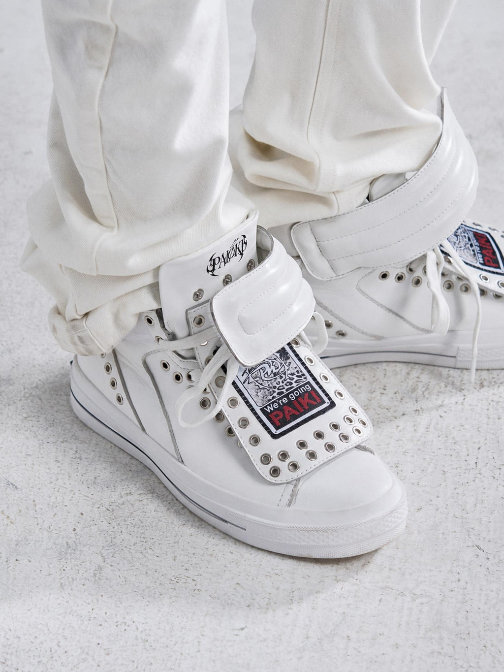 PAIKI Embroidered Patchwork Rivet Color Block Women's Leather High-top Sneakers