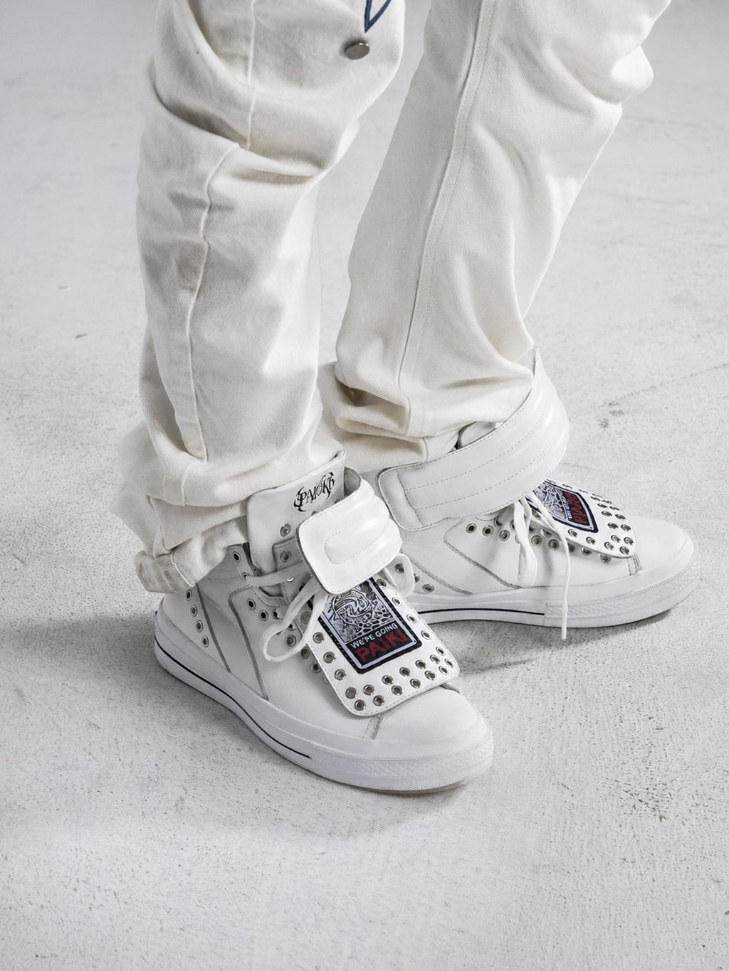 PAIKI Embroidered Patchwork Rivet Color Block Women's Leather High-top Sneakers
