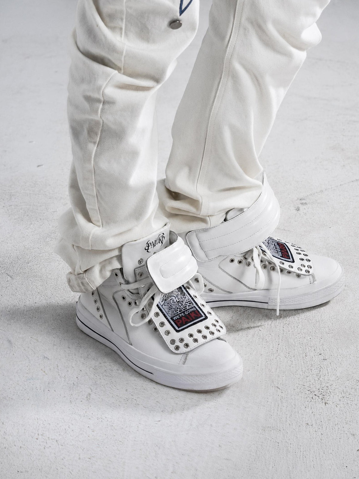 PAIKI Embroidered Patchwork Rivet Color Block Women's Leather High-top Sneakers