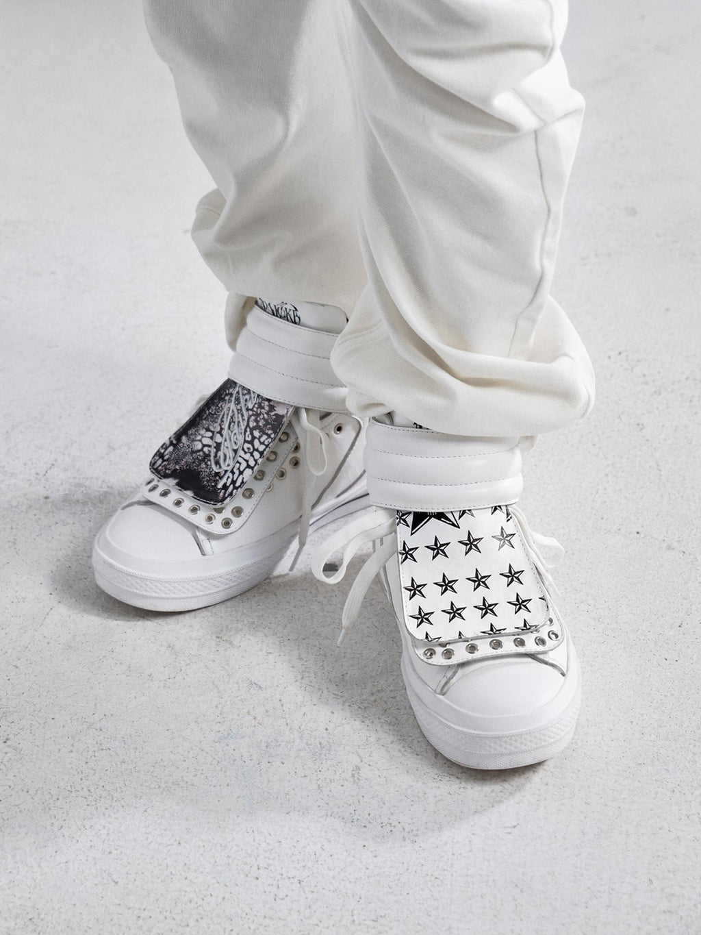 PAIKI Embroidered Patchwork Rivet Color Block Women's Leather High-top Sneakers