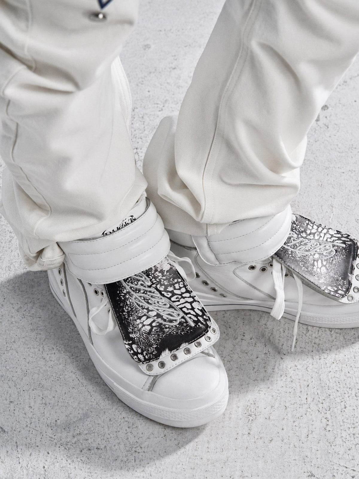 PAIKI Embroidered Patchwork Rivet Color Block Women's Leather High-top Sneakers