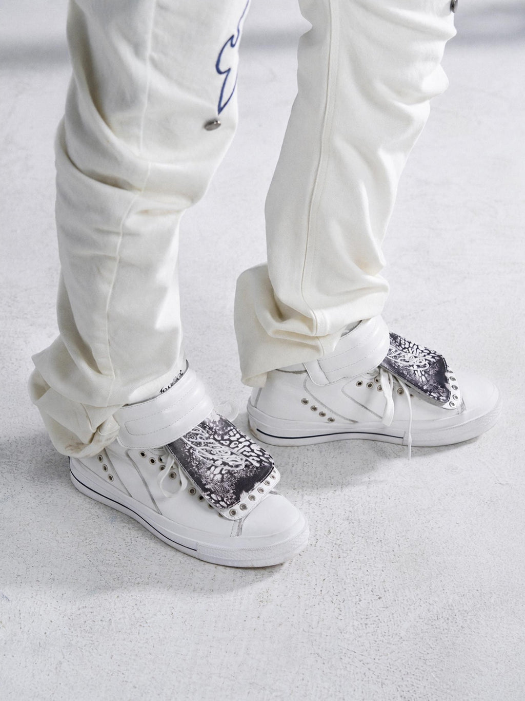 PAIKI Embroidered Patchwork Rivet Color Block Women's Leather High-top Sneakers