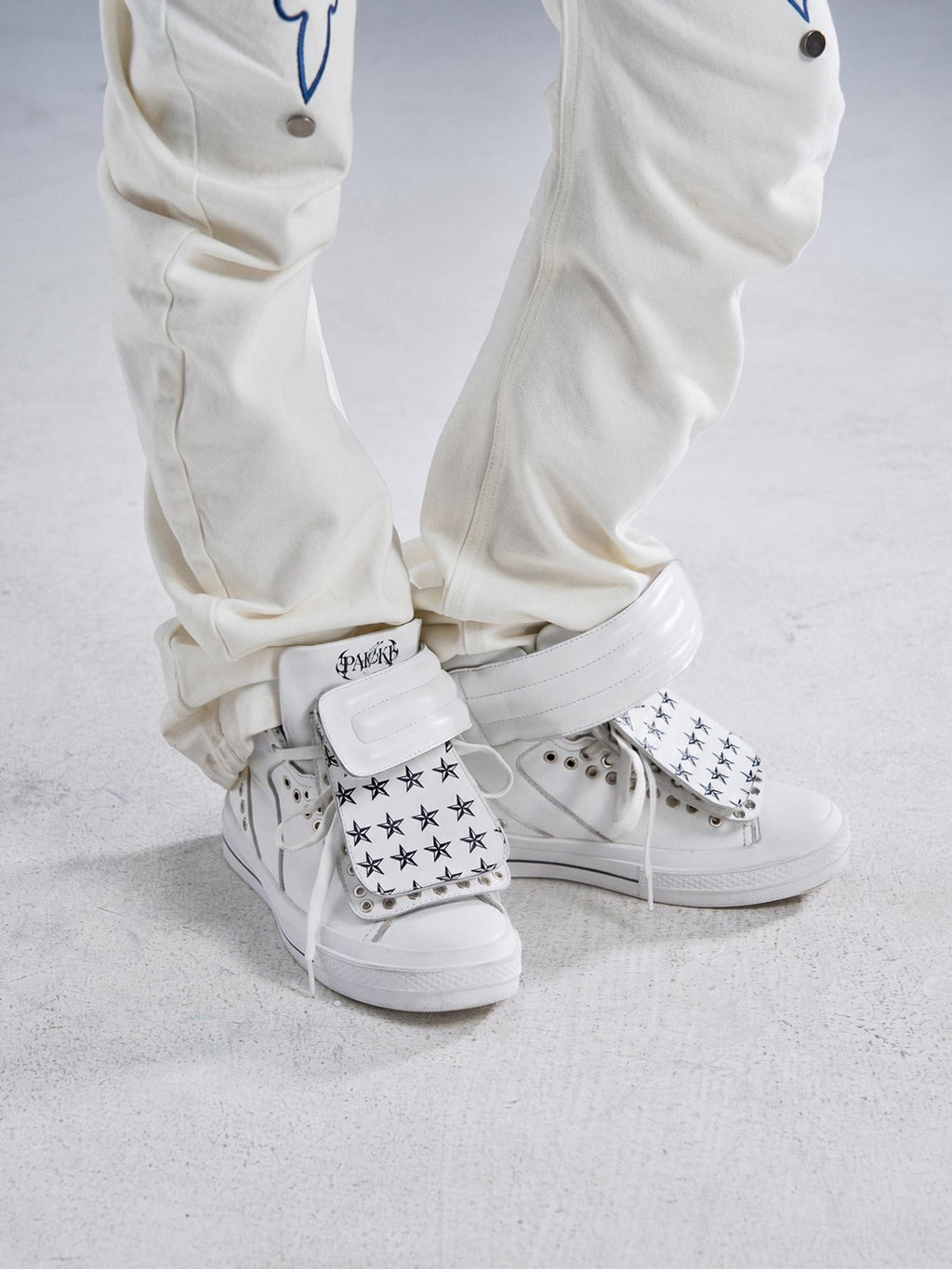 PAIKI Embroidered Patchwork Rivet Color Block Women's Leather High-top Sneakers