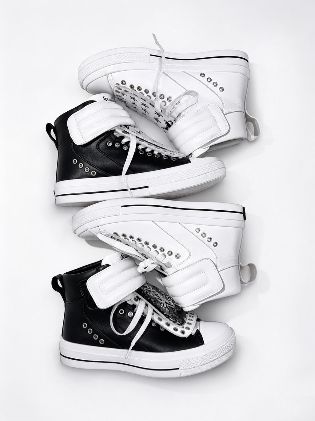 PAIKI Embroidered Patchwork Rivet Color Block Women's Leather High-top Sneakers
