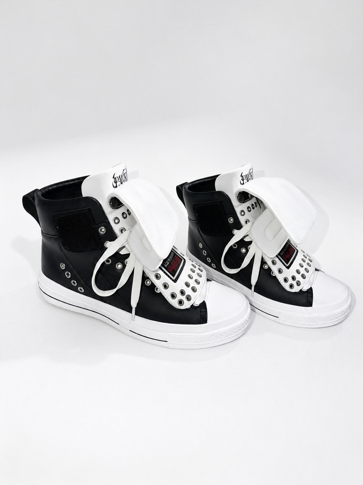 PAIKI Embroidered Patchwork Rivet Color Block Women's Leather High-top Sneakers